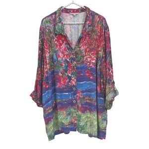 John Mark Womens 1X Impressionist Floral Rayon Roll Tab Sleeve Button Down Shirt